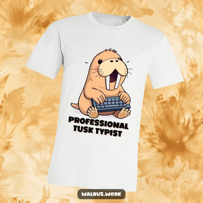 Funny walrus t-shirt depicting an overjoyed sea mammal vigorously typing on a miniature keyboard, capturing a moment of humorous dedication.