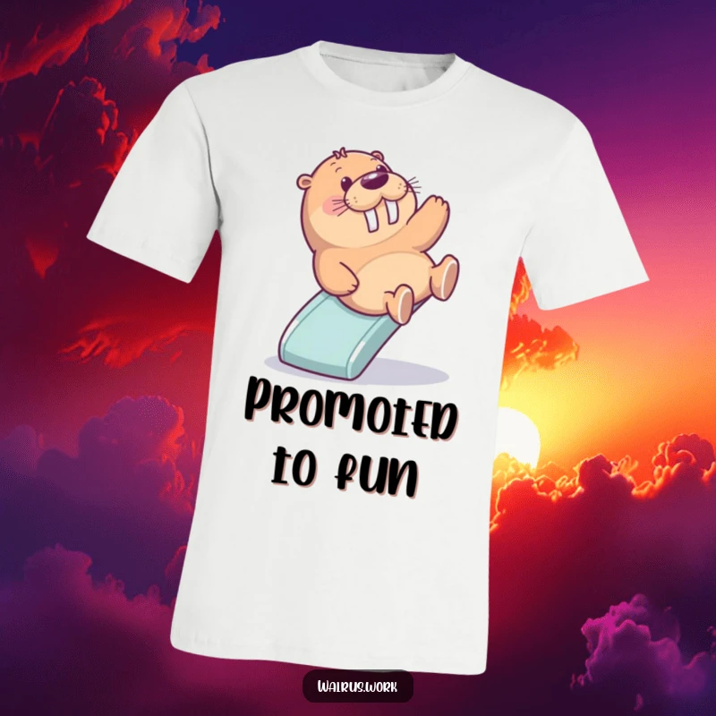 Funny t-shirt showcasing a delightful walrus sliding down a small office slide with immense joy and excitement, perfect for fun lovers.