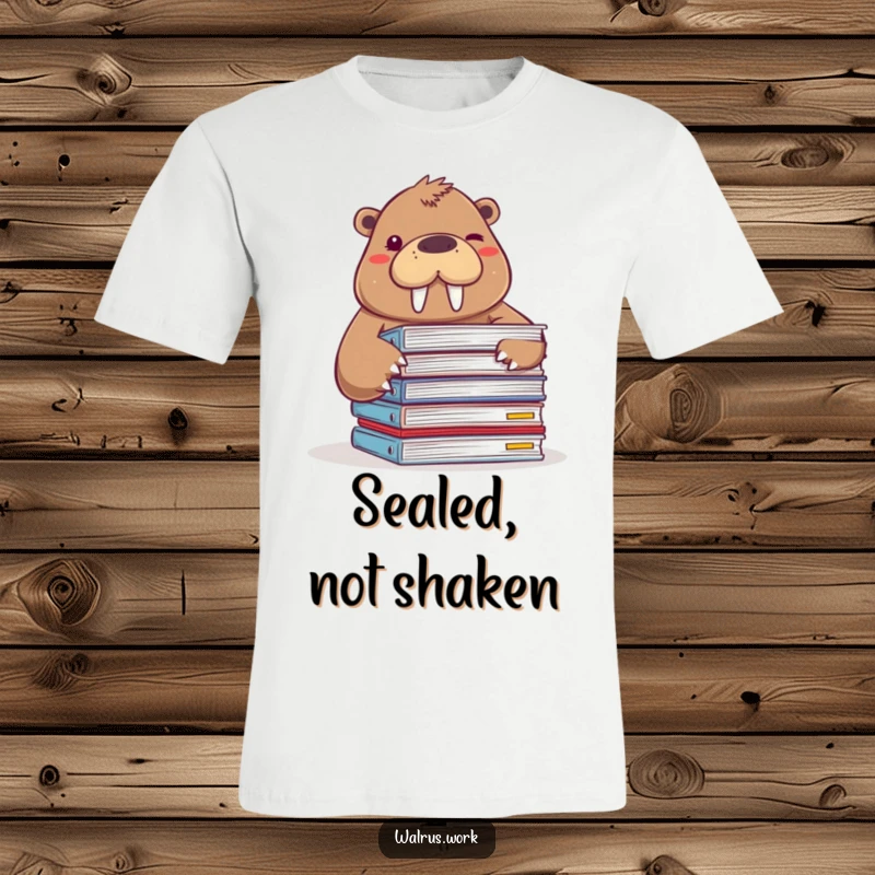 Funny t-shirt showcasing a walrus peeking from behind a stack of documents, winking mischievously at the viewer.