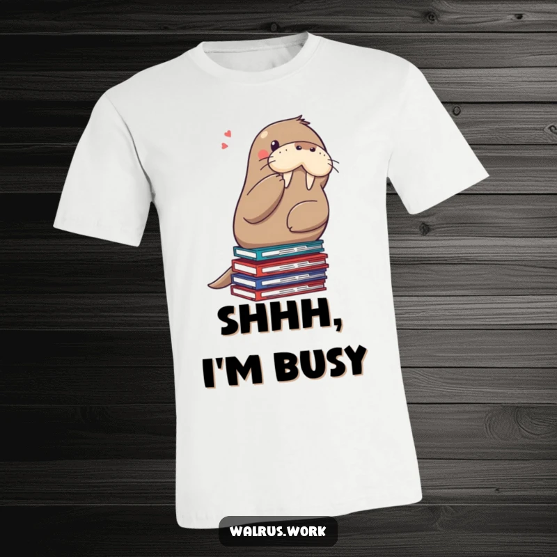 Funny shushing walrus t-shirt, a walrus on files, signaling for quiet with a paw over its mouth for stealthy amusement.
