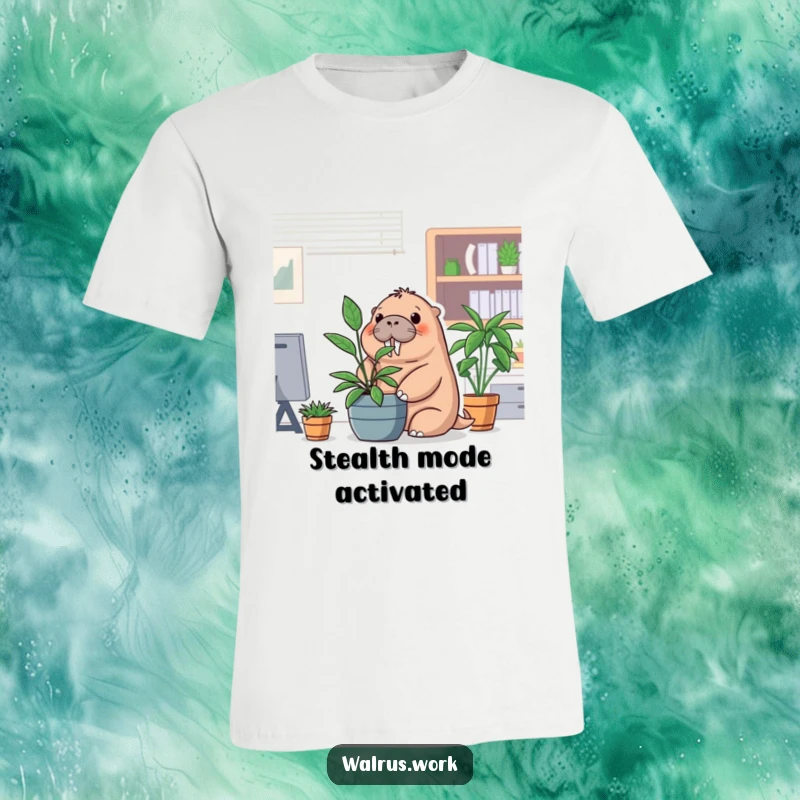 Funny office walrus t-shirt with a walrus hiding behind a potted plant, perfect for relatable humor.