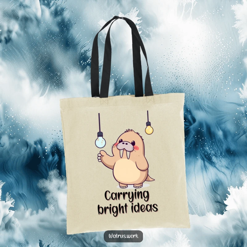Funny tote bag with a cute Kawaii walrus excitedly pointing at a dangling lightbulb, ideal for carrying books or groceries.