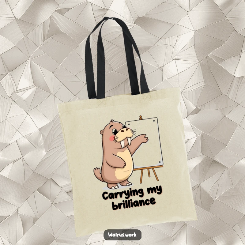 Funny tote bag with a walrus pointing at a whiteboard, perfect for carrying ideas and essentials with a touch of presentation flair.