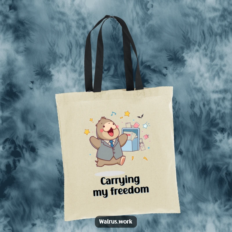 Funny tote bag featuring a walrus in a tiny suit doing a celebratory jump next to an overflowing inbox.