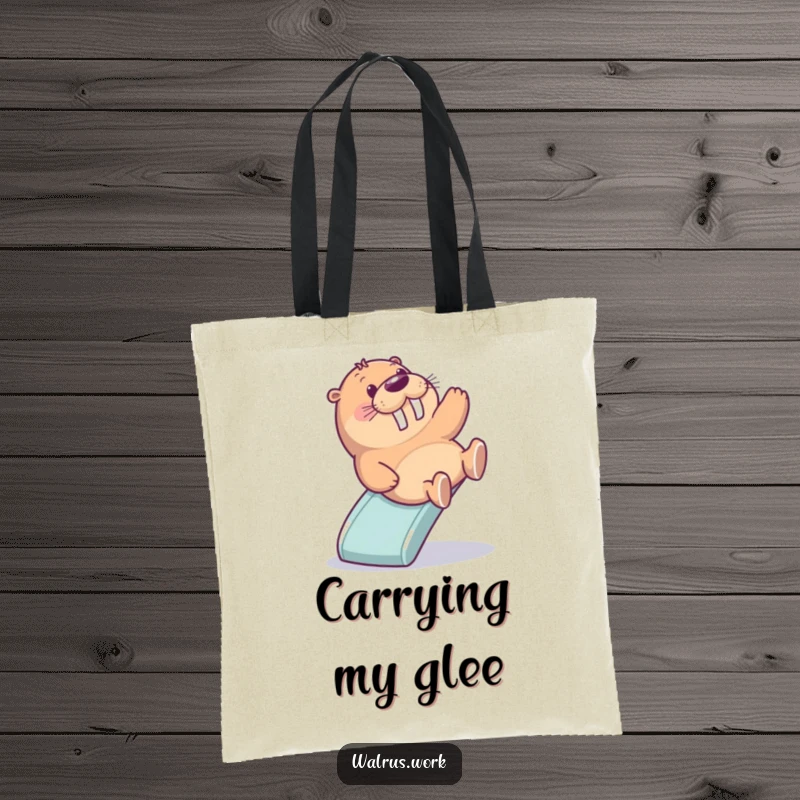 Funny tote bag featuring a walrus sliding down a miniature office slide with delight, perfect for carrying essentials with a playful vibe.