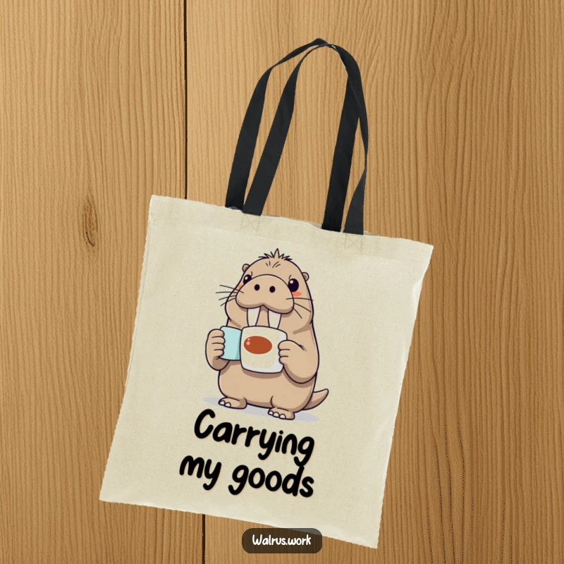 Funny Walrus Tote Bag: An upbeat walrus enthusiastically offers a coffee mug, showcasing this durable and humorous tote.
