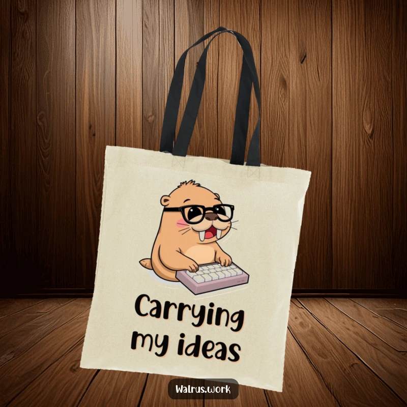Funny walrus, wearing glasses, joyfully typing on miniature keyboard, office humor, reusable funny bag, productive tote.