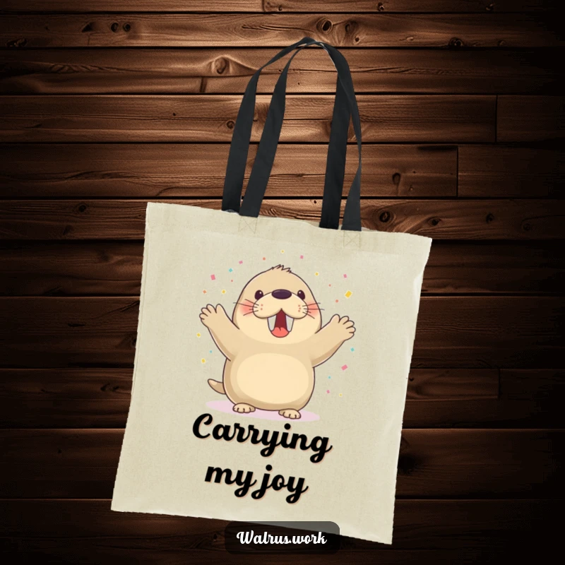 Funny walrus tote bag with a walrus cheering and confetti falling, ideal for party-goers.