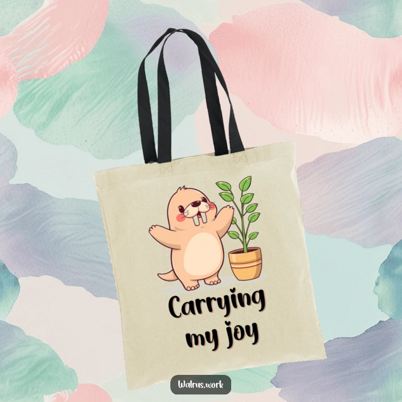 Funny tote bag with a cute Kawaii walrus doing a happy dance beside a potted plant, ideal for carrying groceries or books.