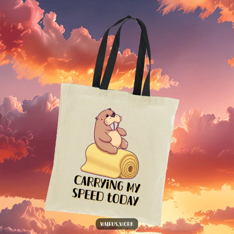 Funny walrus sliding down a rolled office carpet bannister, practical and fun tote bag.