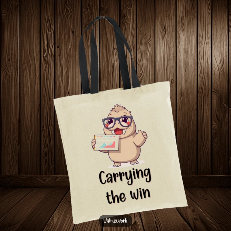 Funny tote bag featuring a happy walrus in oversized glasses, enthusiastically presenting a chart with a smiling face.