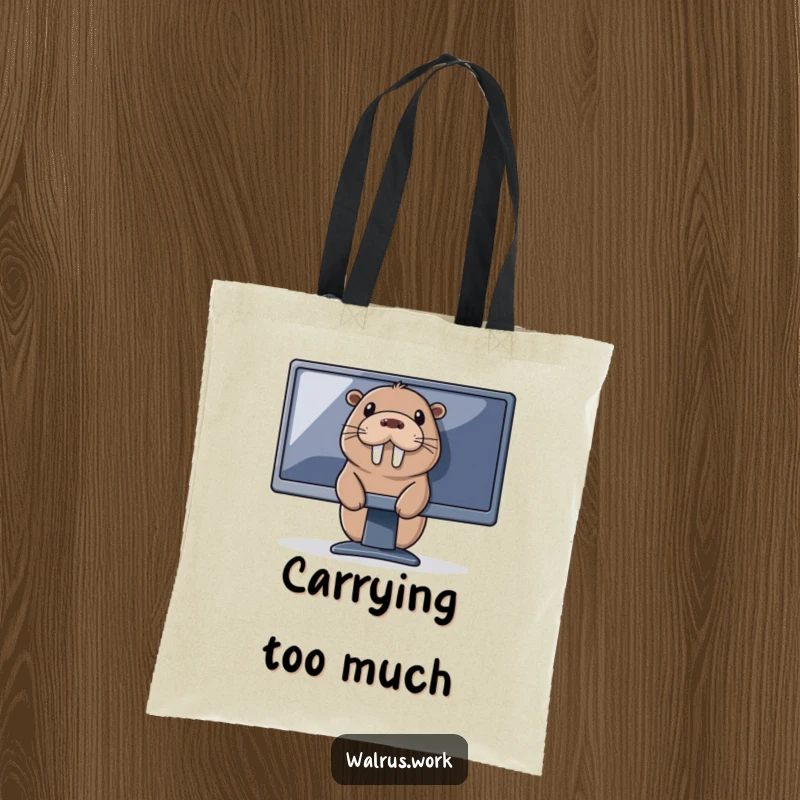 Funny tech walrus tote bag showing a walrus peeking from behind a computer, ideal for carrying tech accessories or daily items.