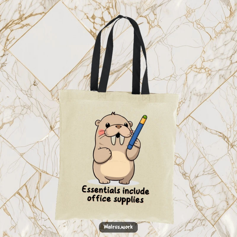 Funny tote bag depicting a walrus playfully batting at a dangling pen, a humorous and practical accessory.