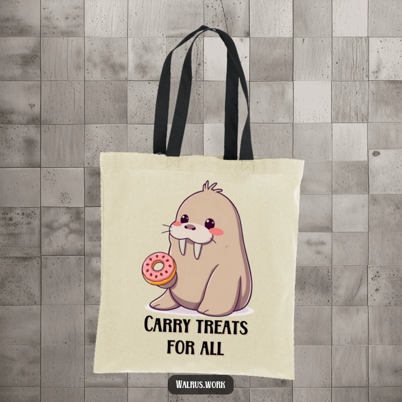Funny smiling walrus tote bag offering a tiny donut from its flipper, a practical and sweet funny gift.