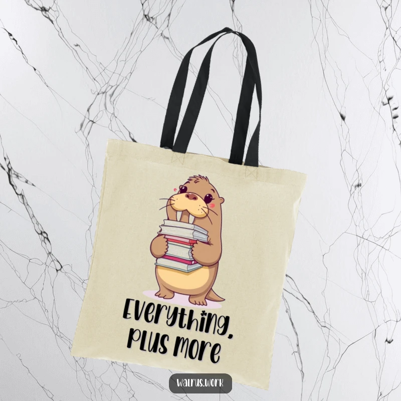 Funny tote bag with a walrus struggling under a large stack of files, perfect for carrying essentials with a relatable work-themed joke.