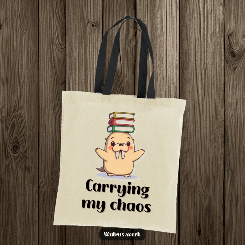 Funny tote bag with a cute Kawaii walrus precariously balancing a stack of files on its head, ideal for carrying documents.