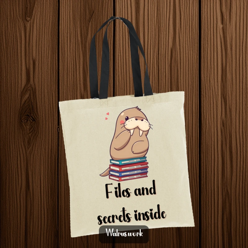 Funny shushing walrus tote bag, a walrus on files, signaling quiet, ideal for carrying office supplies and a sense of humor.