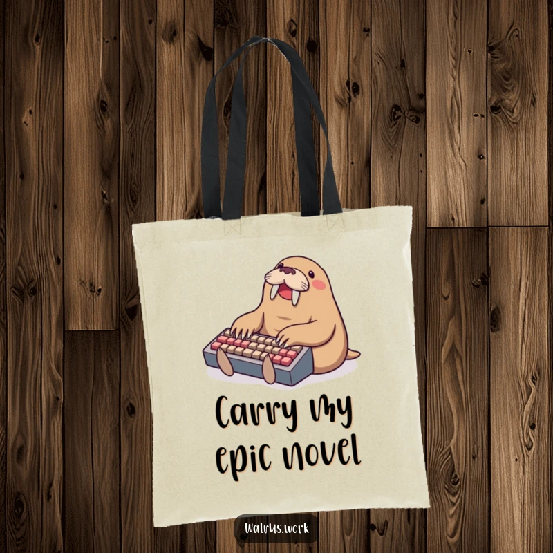 Funny typing walrus tote bag, a walrus gleefully typing on a tiny keyboard, perfect for carrying gadgets and gear.