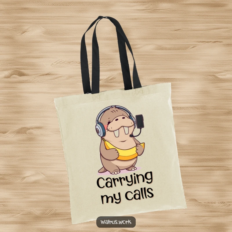Funny tote bag featuring a giggling walrus in a headset, holding a banana as a phone, ideal for carrying essentials with humorous flair.