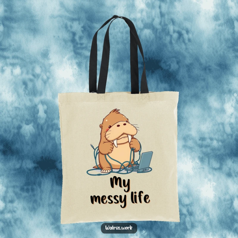 Funny walrus tote bag illustrating a determined walrus character tangled in computer cables, a humorous take on tech.
