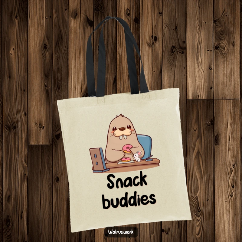 Funny walrus tote bag illustrating a beaming walrus character sharing a donut with a tiny mouse, a symbol of shared joy.