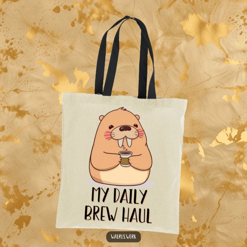 Funny tote bag featuring a kind walrus offering a small coffee cup with a nod, perfect for carrying essentials with office charm.
