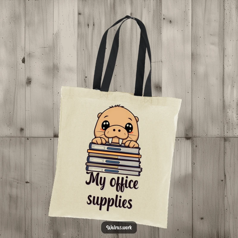 Funny walrus tote bag illustrating a curious sea mammal peeking over office files, a humorous and functional bag for everyday adventures.