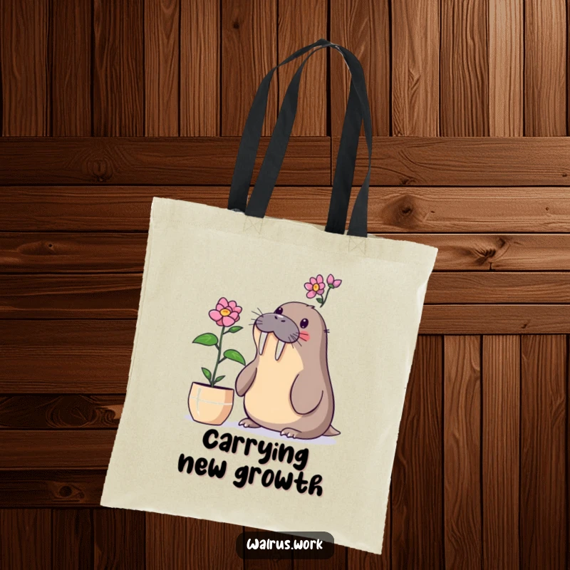Funny walrus tote bag with a walrus surprised by a blooming desk plant, ideal for plant lovers.