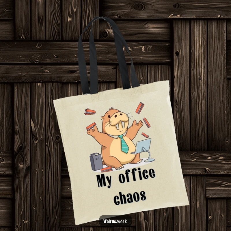 Funny tote bag featuring a walrus in a tie juggling staplers at a desk, perfect for carrying items with humor.