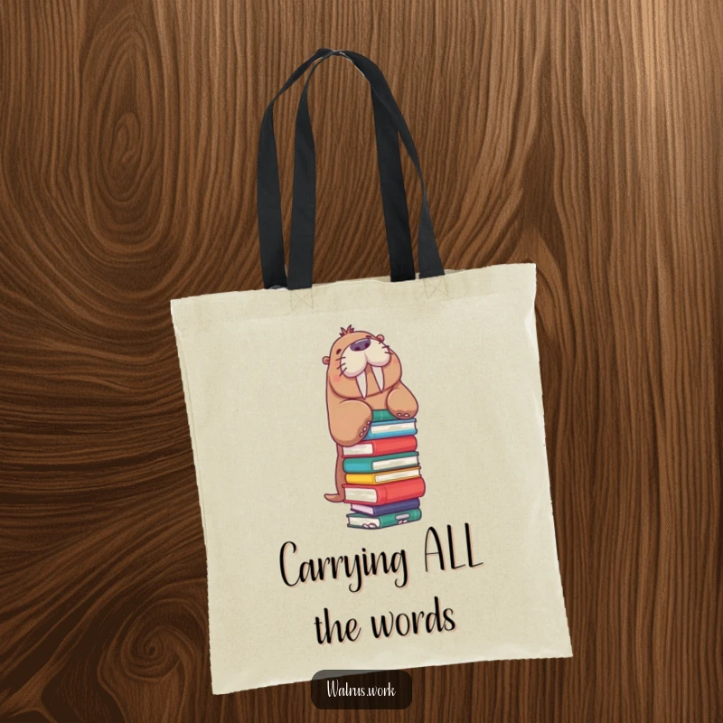 Funny Walrus Tote Bag: A walrus wobbles with a precarious stack of books, showcasing this humorous and practical literary tote.