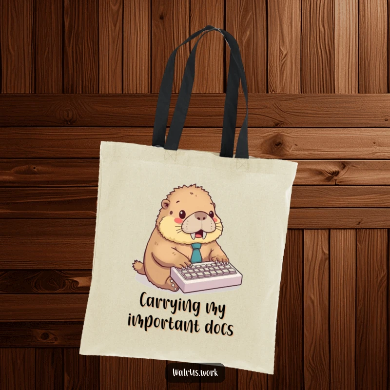 Funny tote bag with a fluffy walrus in a tie, typing excitedly on a miniature keyboard, perfect for carrying work essentials.