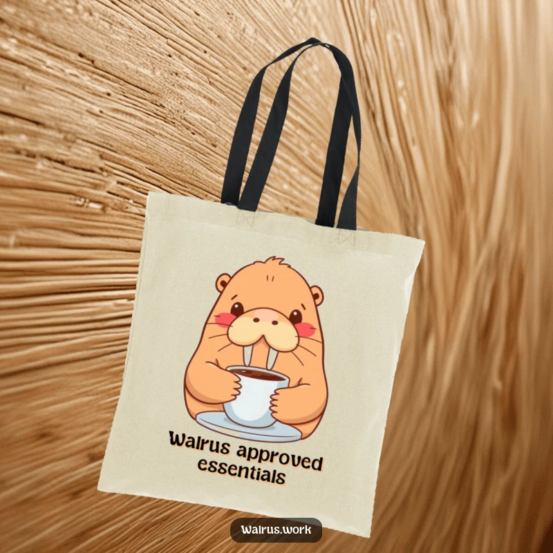 Funny walrus tote bag illustration of a smiling walrus comfortably sipping coffee, great for grocery runs.
