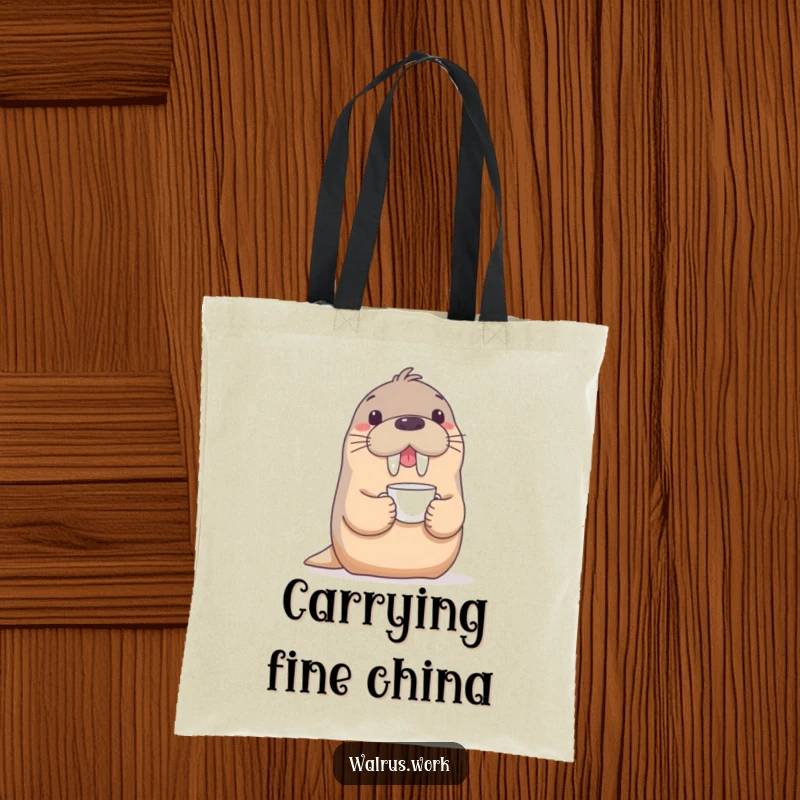 Funny tote bag with a playful walrus balancing a delicate teacup on its snout, ideal for humorous and stylish carrying.