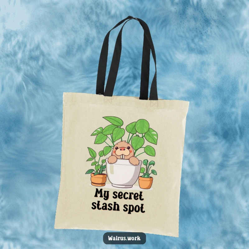 Funny tote bag with a curious walrus peeking out from behind a large office plant, perfect for carrying items with a humorous, playful design.