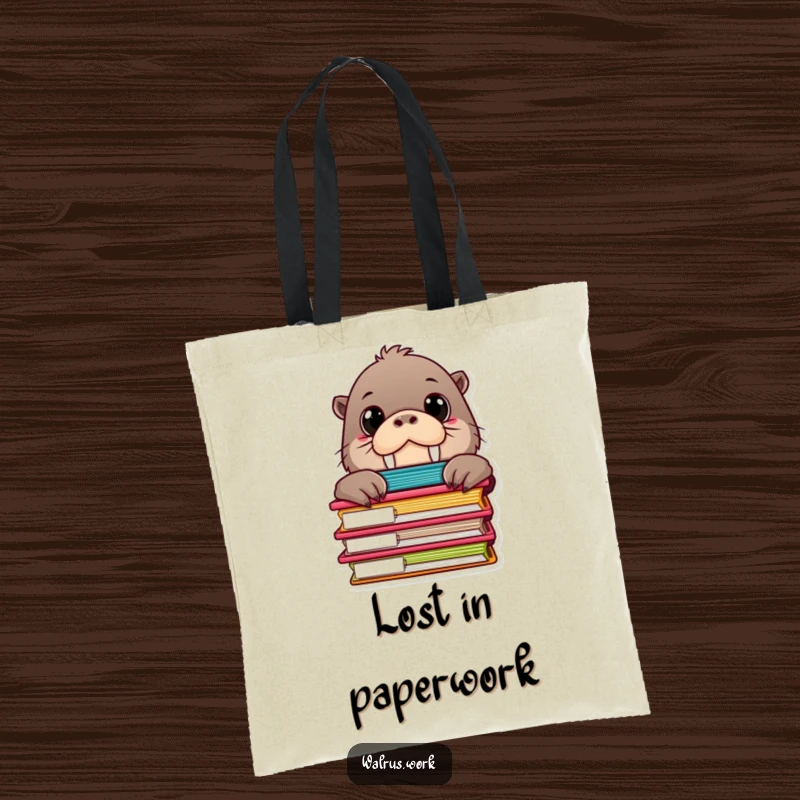 Funny tote bag illustrating a curious walrus character with big eyes, peeking from behind a colorful stack of office file folders.