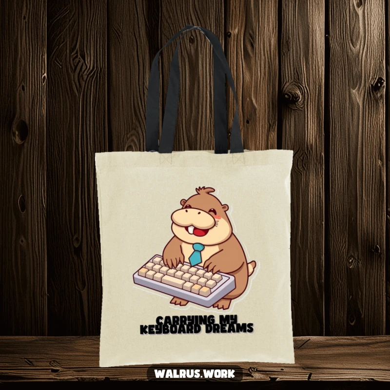 Funny walrus tote bag featuring a smiling walrus in a tie typing on a comically oversized keyboard.