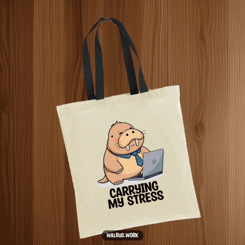 Funny tote bag featuring a flustered walrus in a business tie, tripping over a laptop, ideal for carrying essentials with humorous flair.