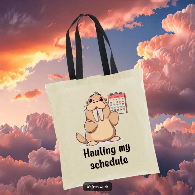 Funny Walrus Tote Bag: A walrus gleefully points to a calendar, showcasing this humorous and practical tote for carrying essentials.