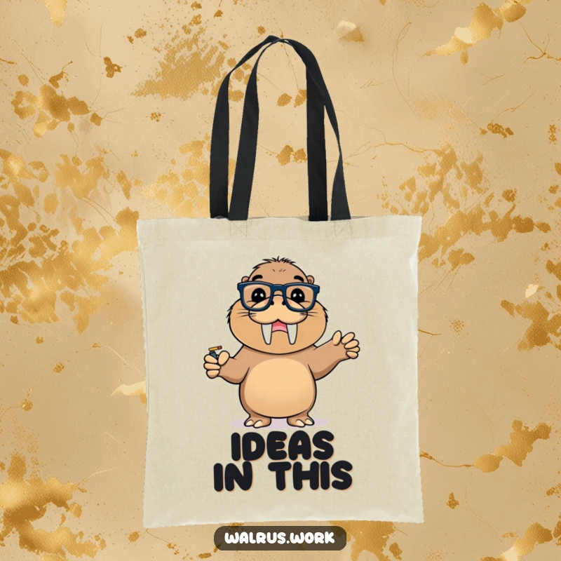 Funny tote bag featuring a walrus with glasses pointing at a whiteboard with a triumphant grin, perfect for carrying essentials.