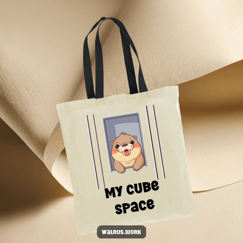 Funny tote bag featuring a walrus peeking out of a cubicle wall with a cheerful smile, perfect for carrying items with humor.