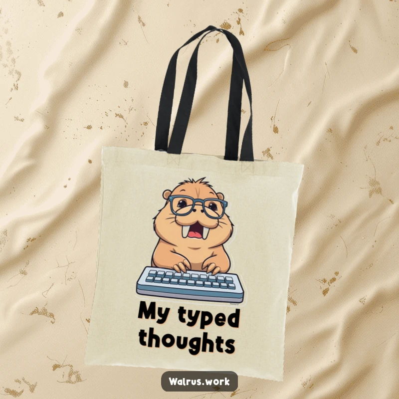 Funny tote bag with a walrus wearing glasses, typing excitedly on a keyboard, great for carrying work items and adding humor.