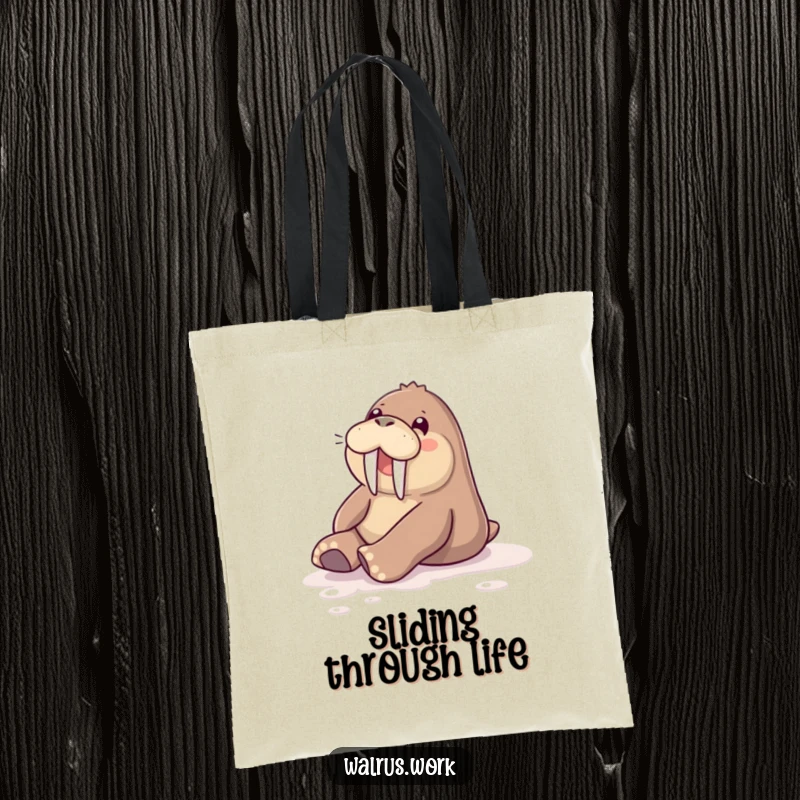 Funny tote bag illustrating a walrus sliding effortlessly across a glossy floor with a look of pure fun.